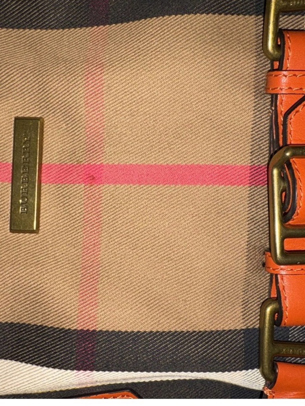 Burberry Nova Check Orange Leather Trim Canvas Tote Shoulder Bag Brass Hardware - Picture 7 of 13